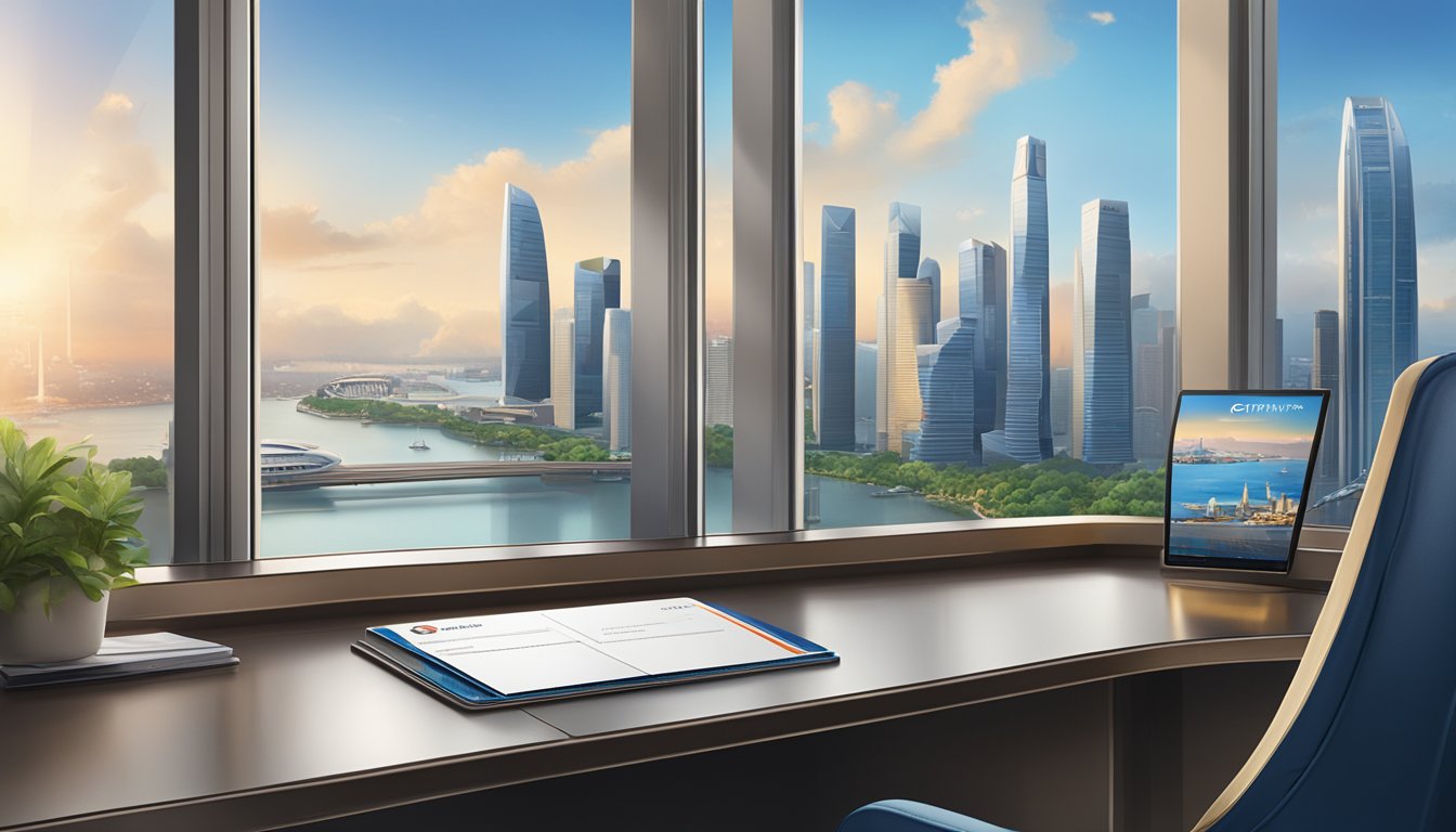 A luxurious Citibank Ultima card resting on a sleek, modern desk with the iconic Singapore skyline visible through a large window in the background