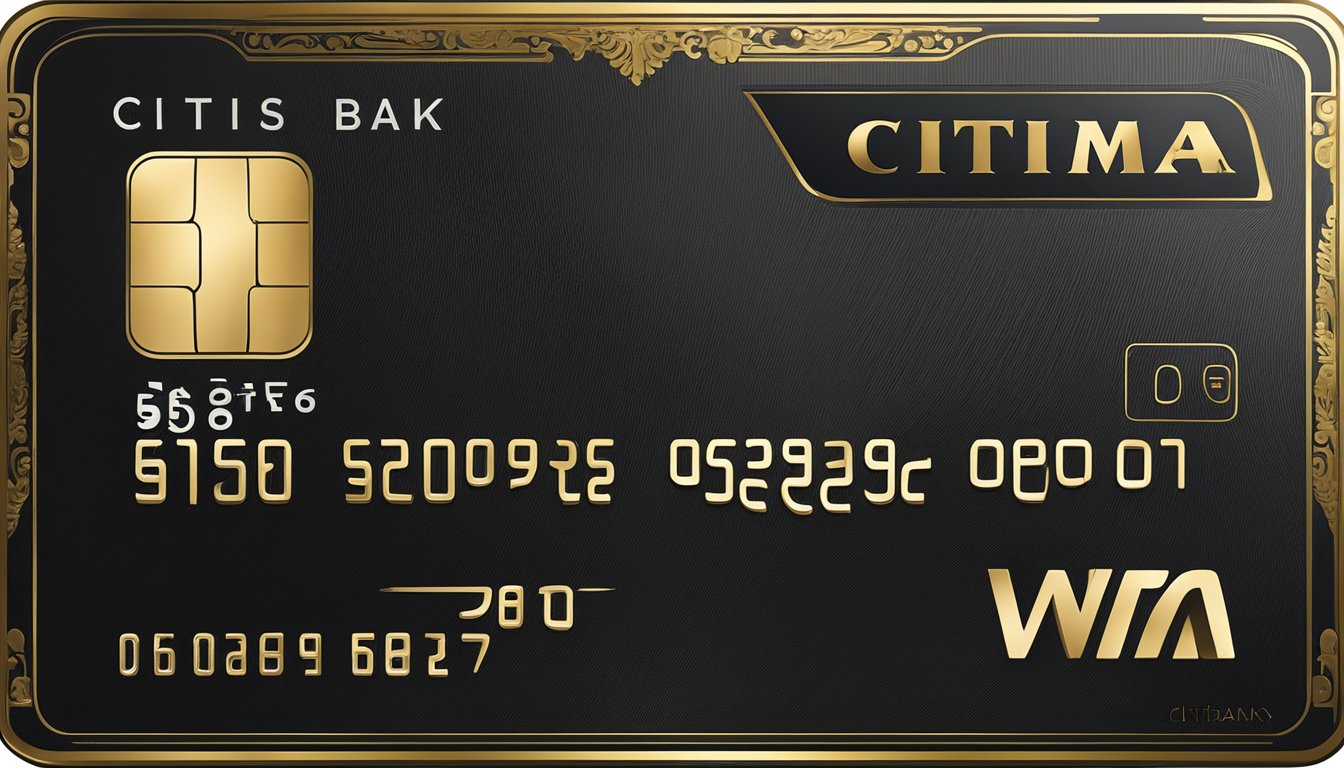 A luxurious black credit card with the Citibank Ultima logo, surrounded by elegant gold accents and a sleek, modern design