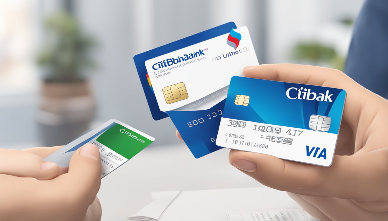 A person holding a Citibank Ultima card, with income documents and eligibility criteria displayed in the background