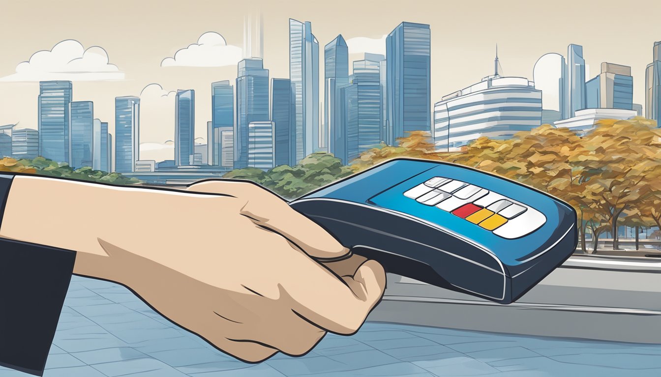 A hand swipes a sleek Citibank Ultima card at a payment terminal, with the Singapore skyline in the background
