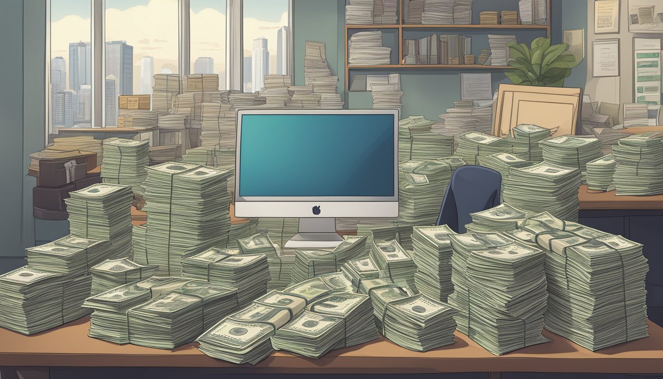 A cluttered desk with stacks of cash, loan documents, and a prominent sign reading "Clementi Money Lender Singapore."