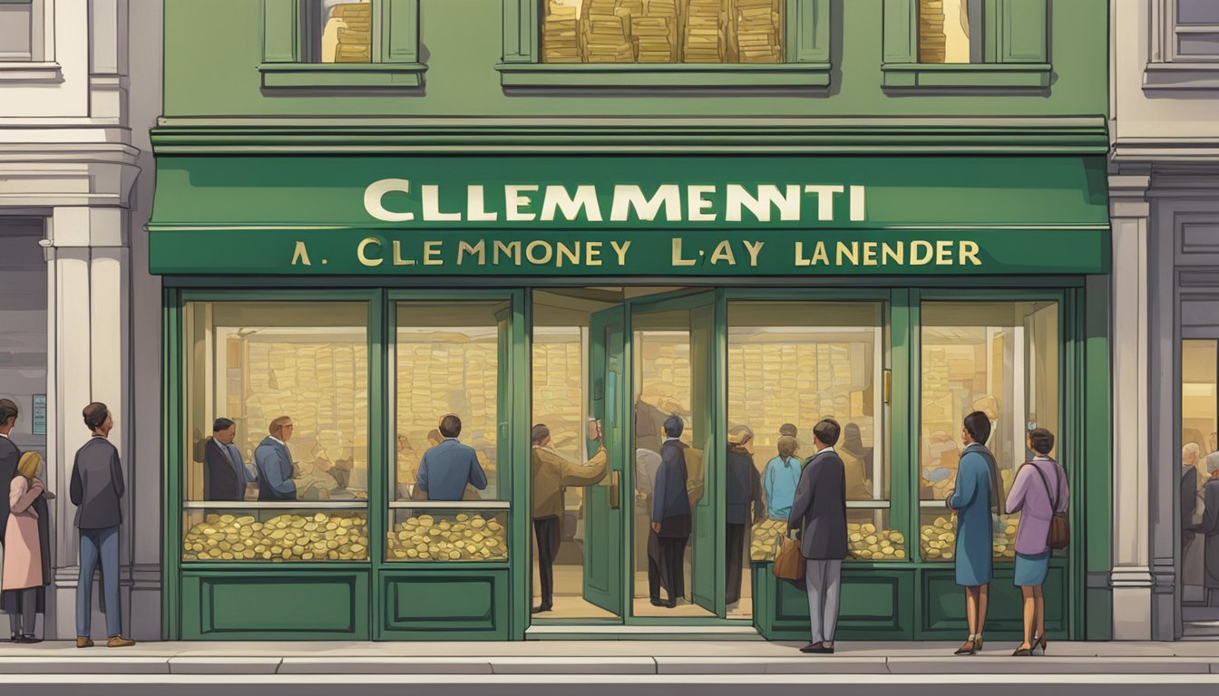 A storefront sign reading "Clementi Money Lenders" with a queue of people waiting outside. A clerk sits behind a glass window, counting money