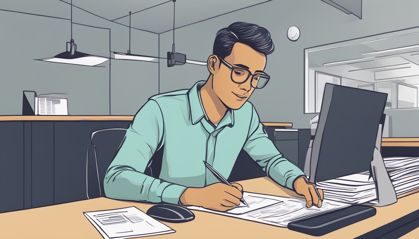 A person sits at a desk, filling out paperwork. A money lender in Clementi reviews the application, while a sign on the wall displays loan options
