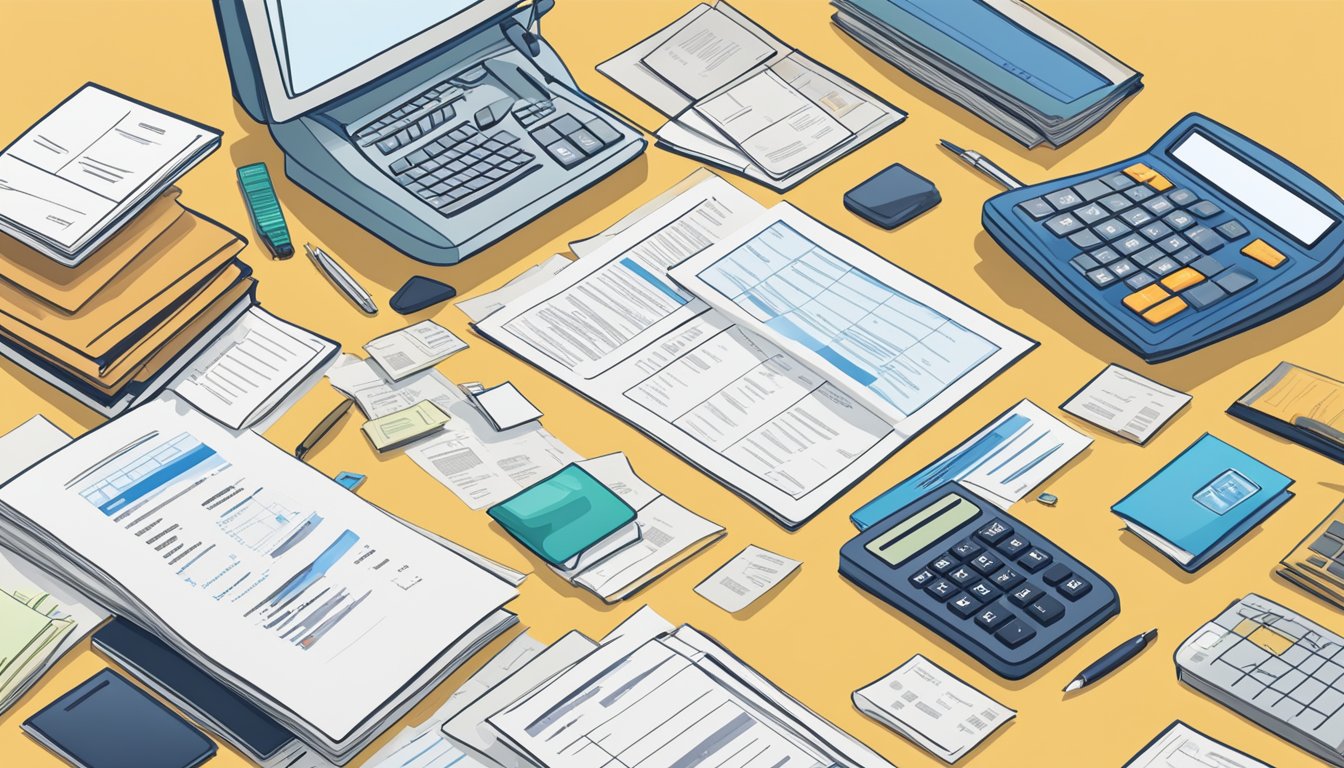 A cluttered desk with various loan documents and terms scattered about, a calculator, and a computer screen displaying different loan types