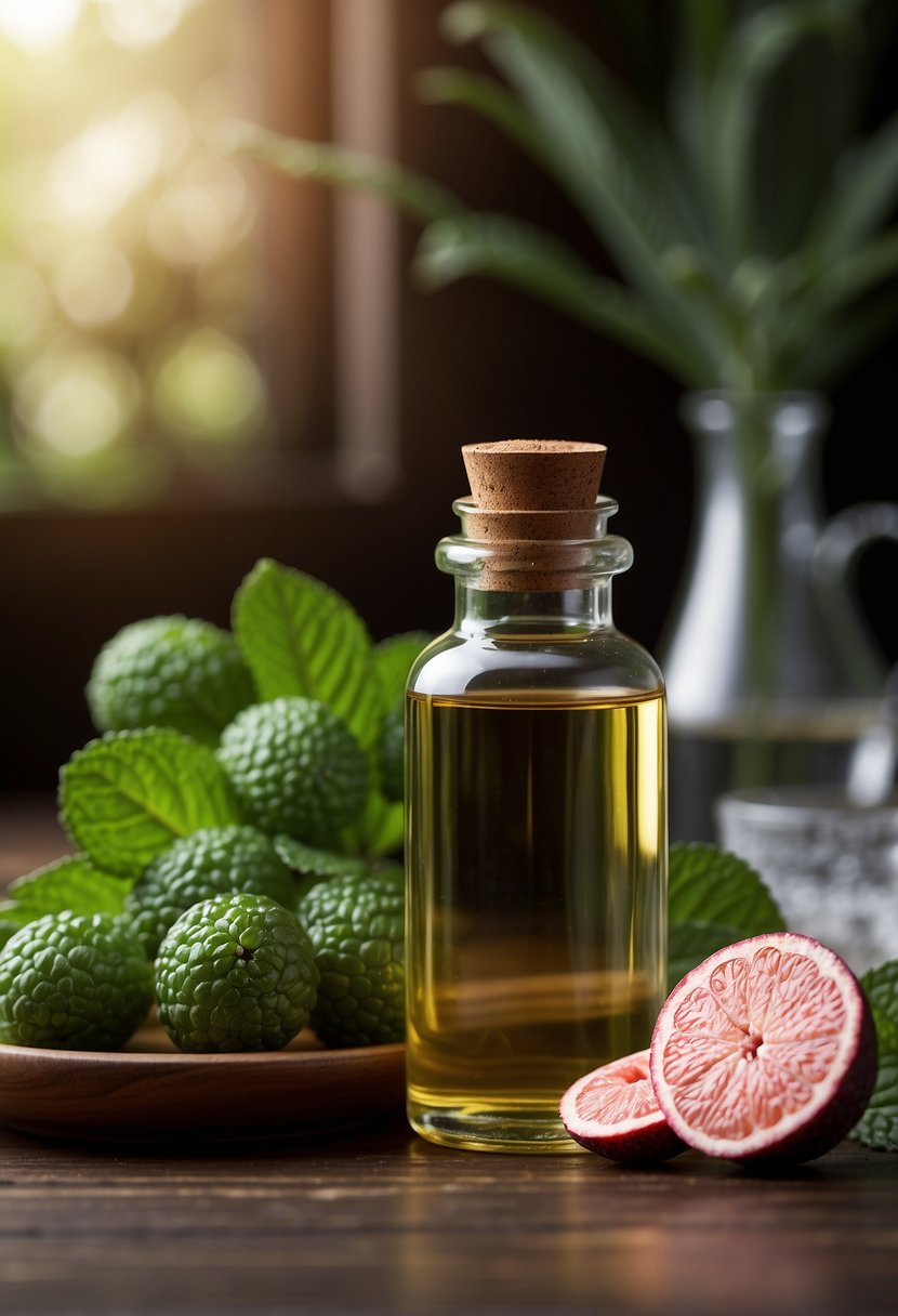 A bottle of peppermint essential oil sits on a wooden table next to a glass of water and a bowl of fiber-rich fruits