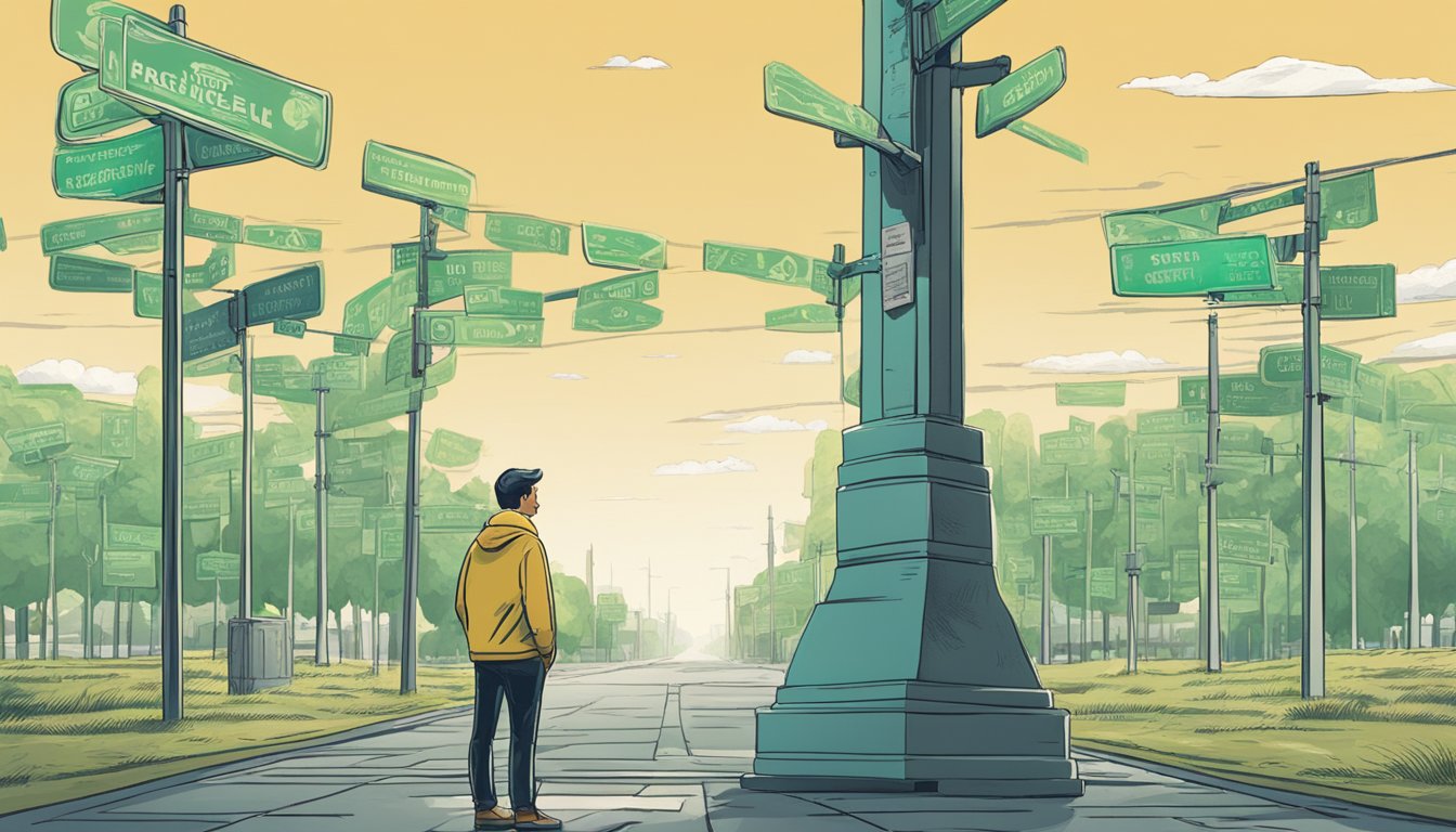 A person stands at a crossroads, considering different money lenders. Signs point to various options, each with different terms and conditions. The person looks thoughtful, weighing their choices carefully