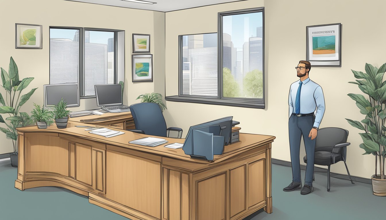 A customer at a money lender's office, reading a pamphlet titled "Frequently Asked Questions." The office is clean and professional, with a desk and chairs