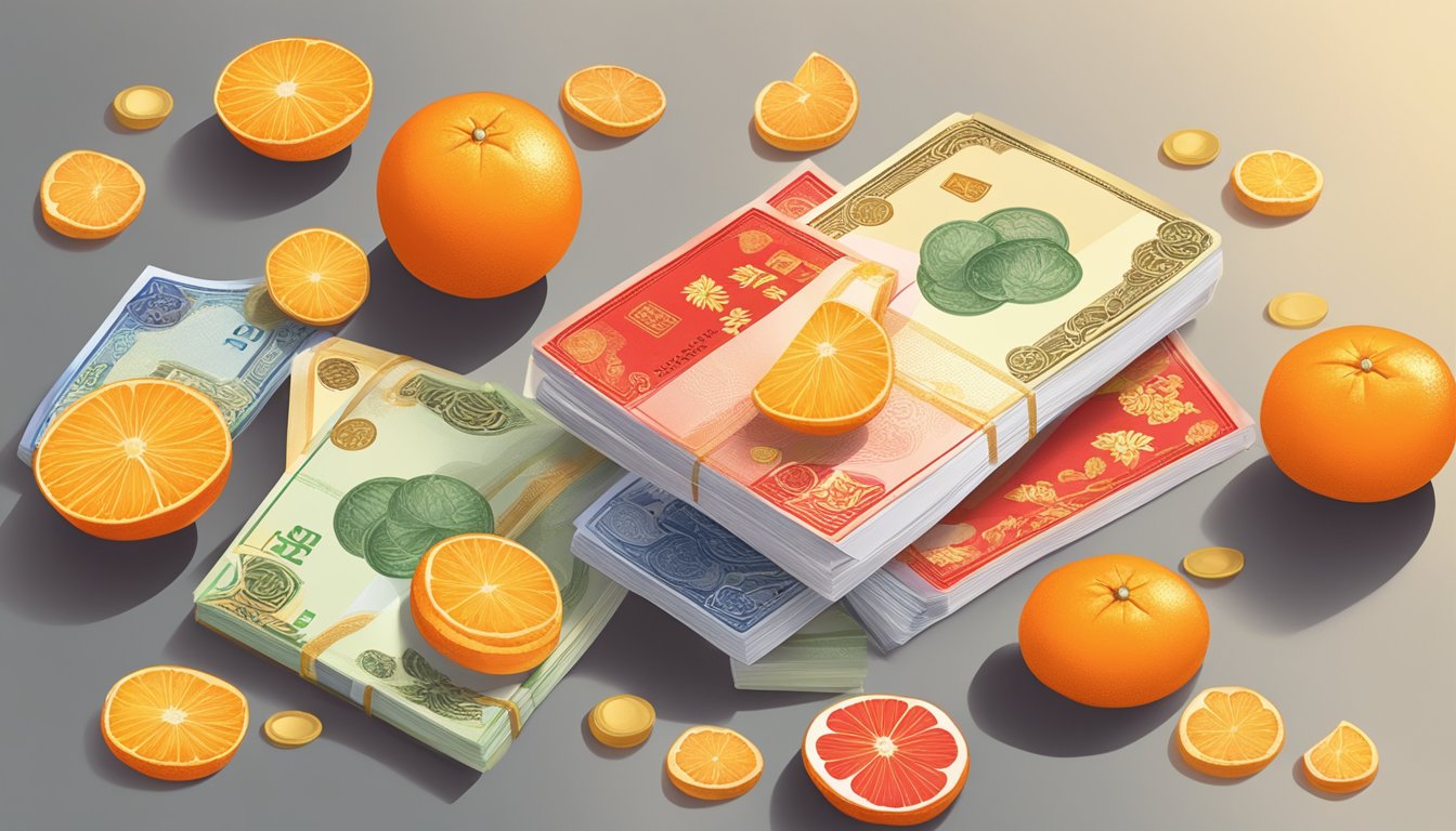 CNY new notes in Singapore: red packets, gold coins, and mandarin oranges on a table