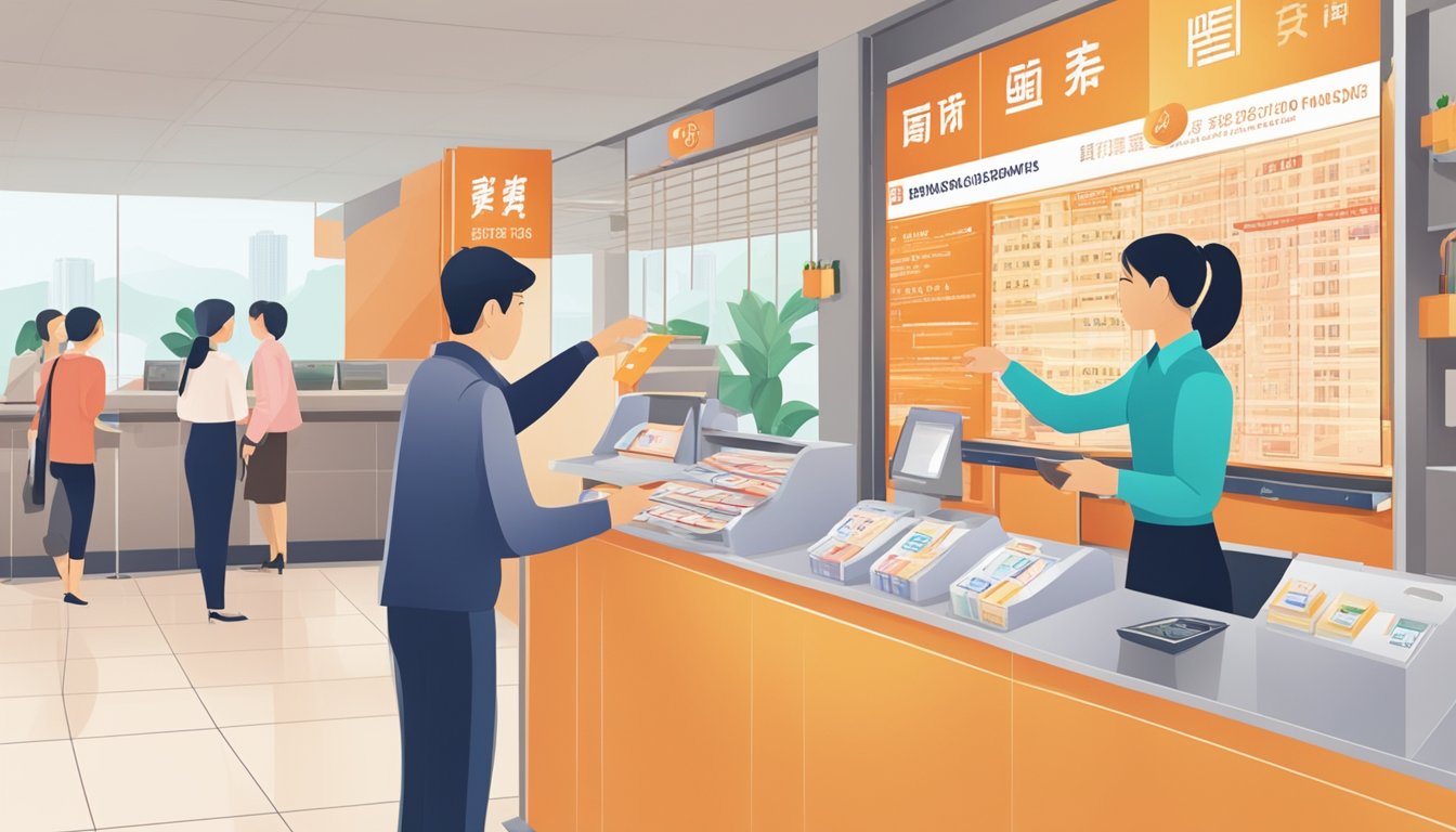 A person exchanging and withdrawing new CNY notes at a Singapore bank counter. Signs and guidelines displayed