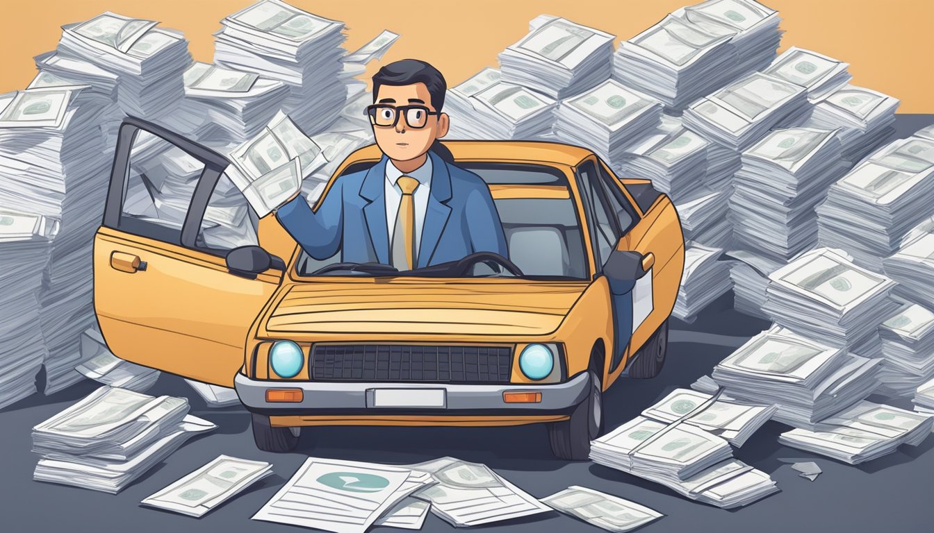 A car surrounded by financial documents and a calculator, with a worried expression on the owner's face