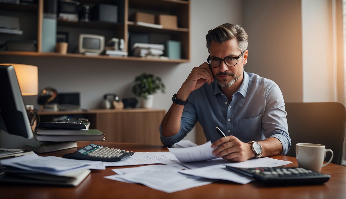 A person sitting at a desk, surrounded by paperwork and a calculator, planning out a debt repayment strategy
