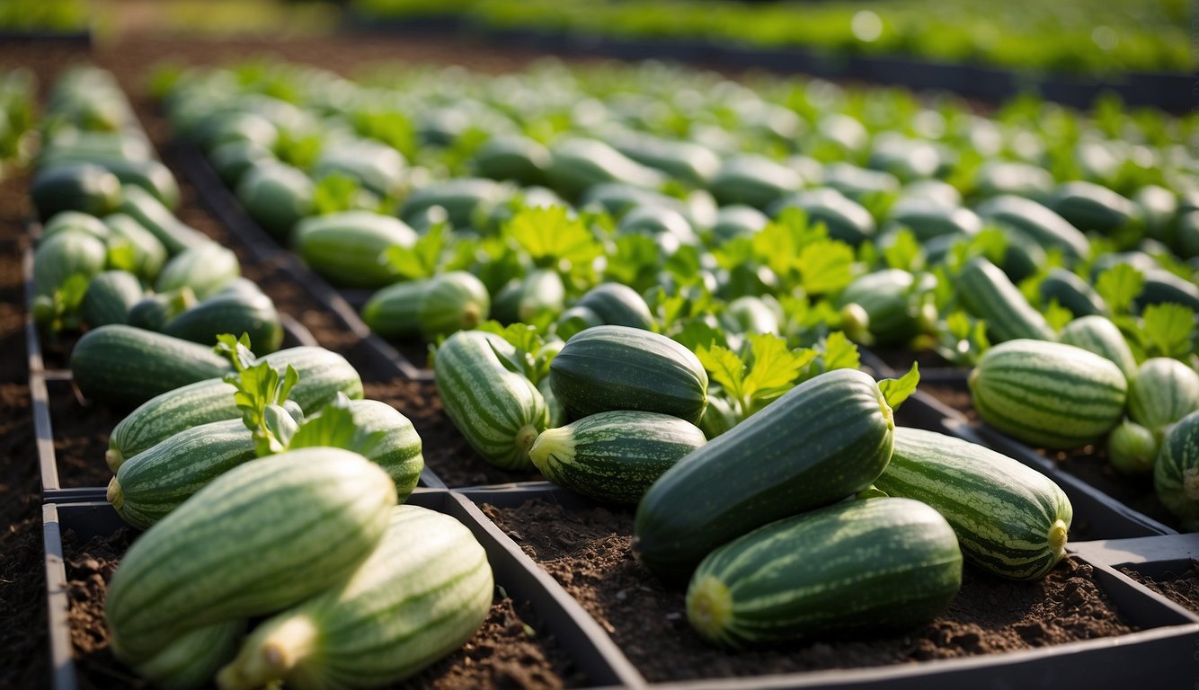A square foot garden with neatly arranged zucchini plants in a grid pattern, labeled with markers for easy identification