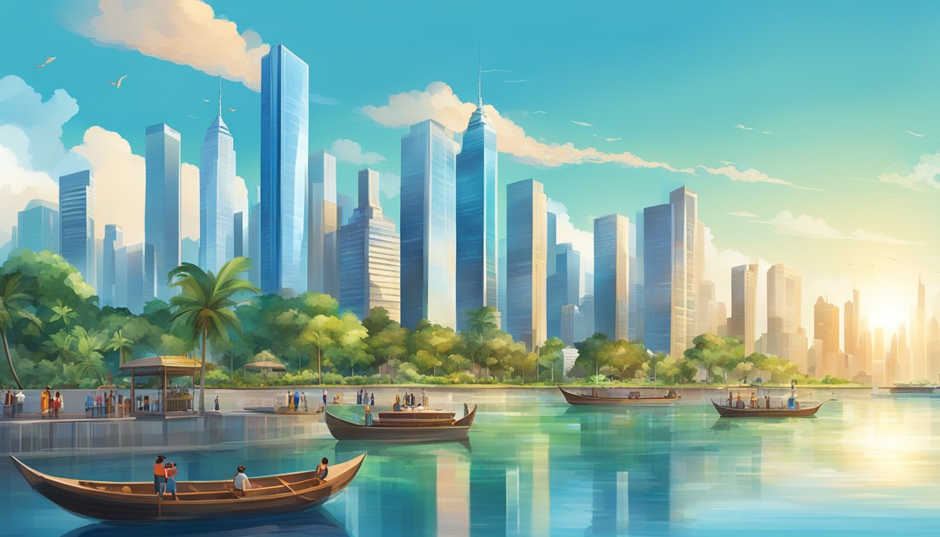 A bustling cityscape with modern skyscrapers, lush greenery, and a diverse mix of people and cultures, set against a backdrop of blue skies and sparkling waters