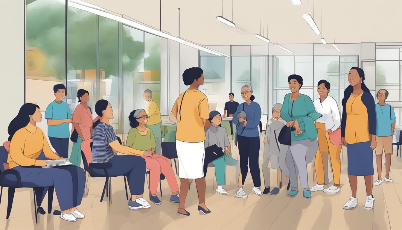 A diverse group of people in a community setting, accessing various social support services provided by ComCare in Singapore