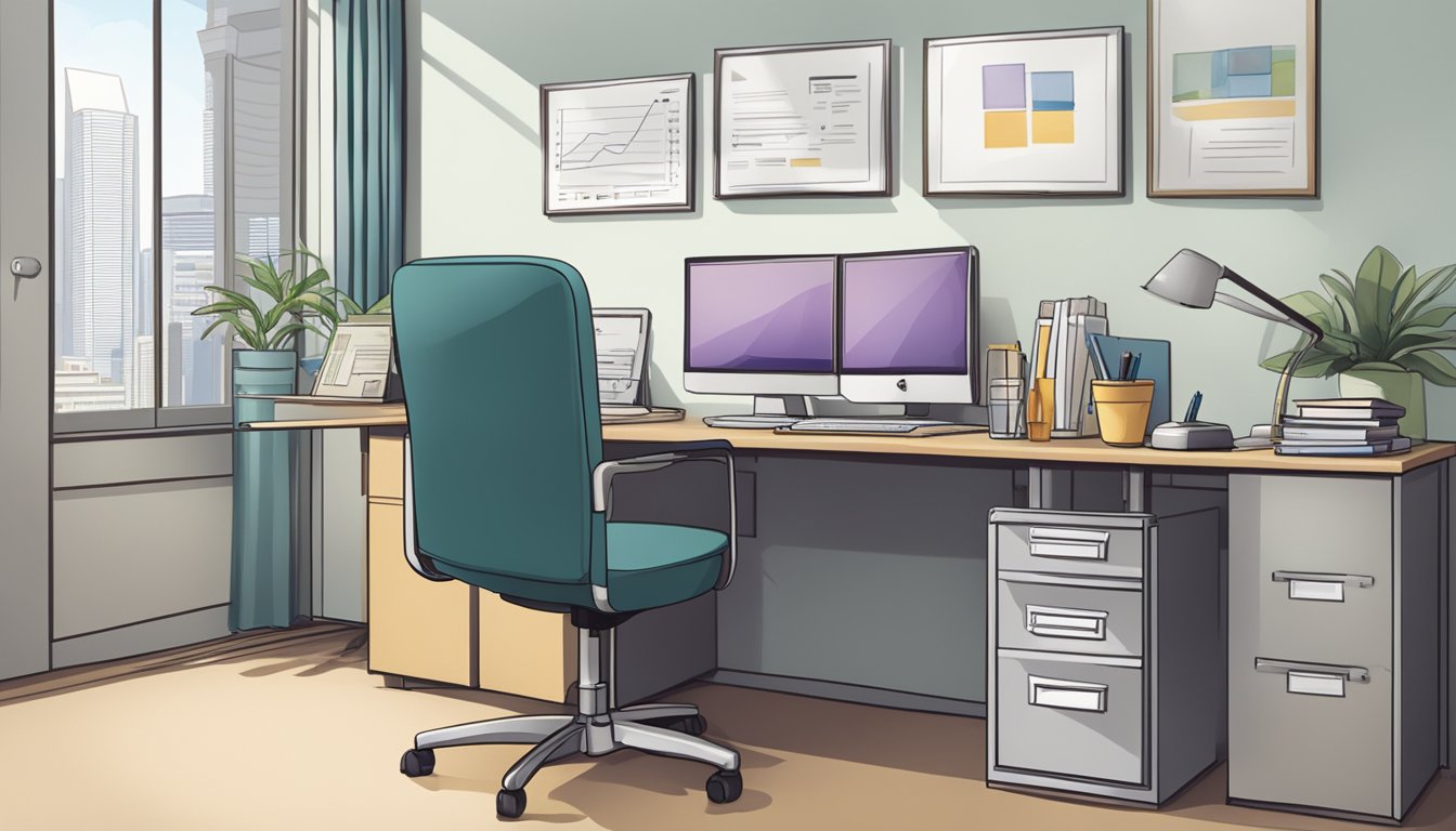An office desk with a computer, paperwork, and a pen. A sign on the wall reads "Eligibility and Application comcare singapore."