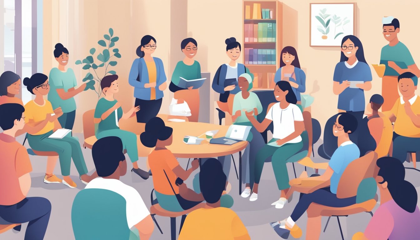 A diverse group of people receiving support and resources from Comcare Singapore. The scene shows a welcoming and inclusive environment with various individuals engaged in activities