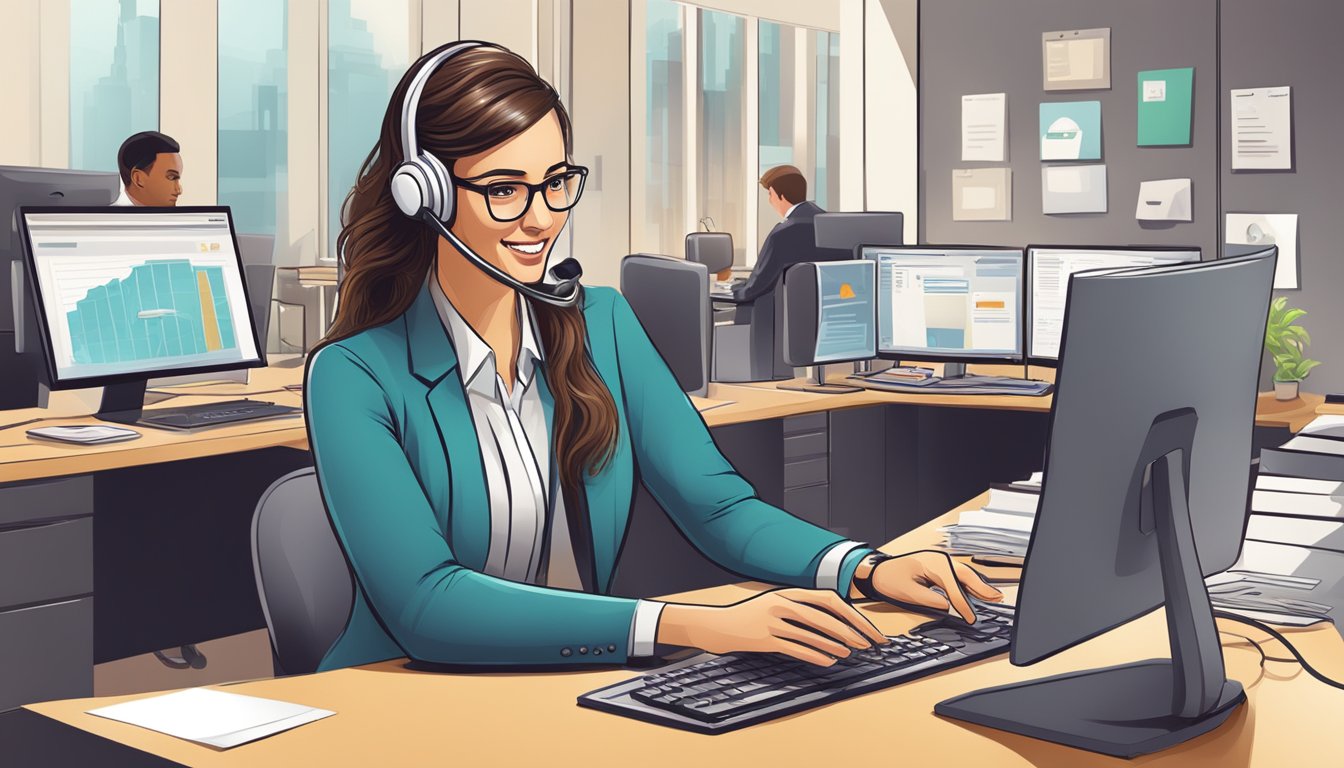 A customer service representative assists a client through phone, email, and live chat