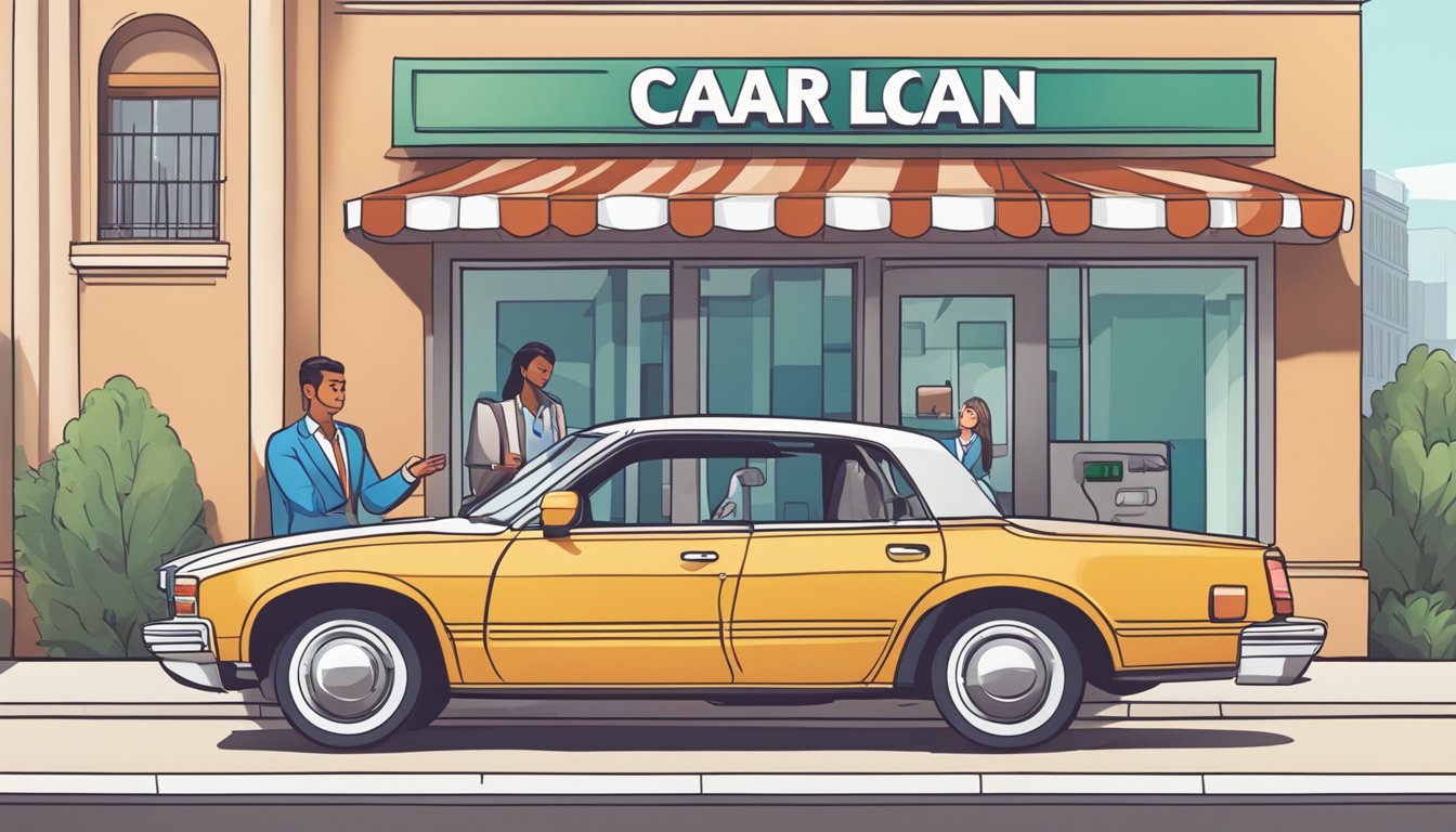 A car parked in front of a bank with a sign displaying "Car Loan Rates." A person inside the bank is discussing loan options with a banker