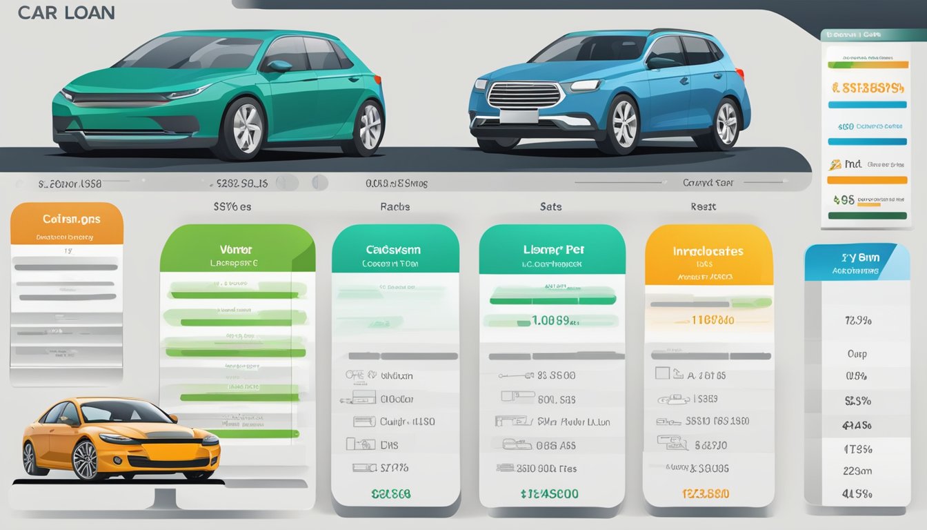 A car loan comparison chart displayed on a computer screen, with different types of car loans listed and their corresponding interest rates