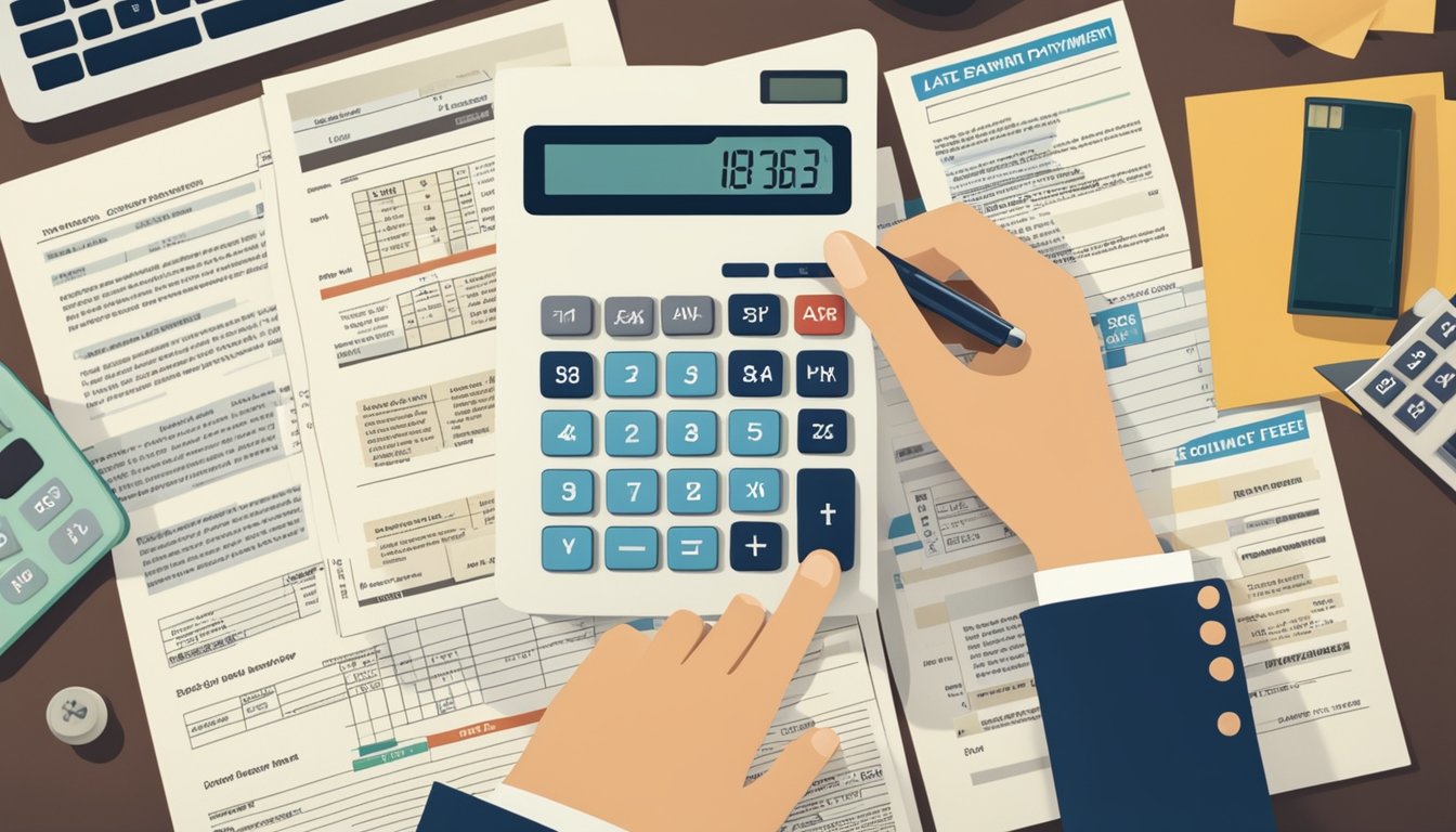 A borrower receiving a statement with a "Late Payment Fee" notice, surrounded by financial documents and a calculator