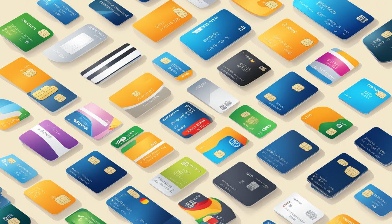 Various credit cards arranged in a row, each labeled with their respective benefits. Icons representing cashback, travel rewards, and shopping perks are displayed next to each card