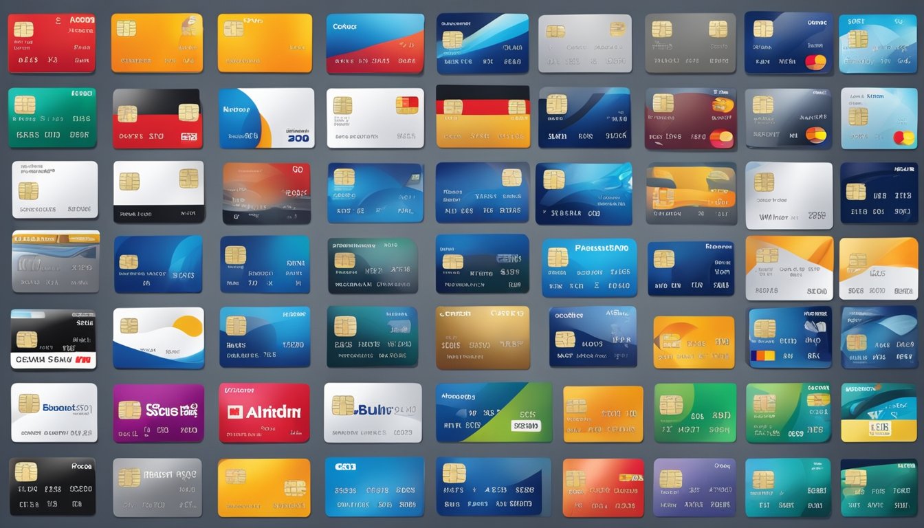 Various credit cards arranged in a grid, with their key features listed below each card. The cards are labeled with the names of different banks or financial institutions