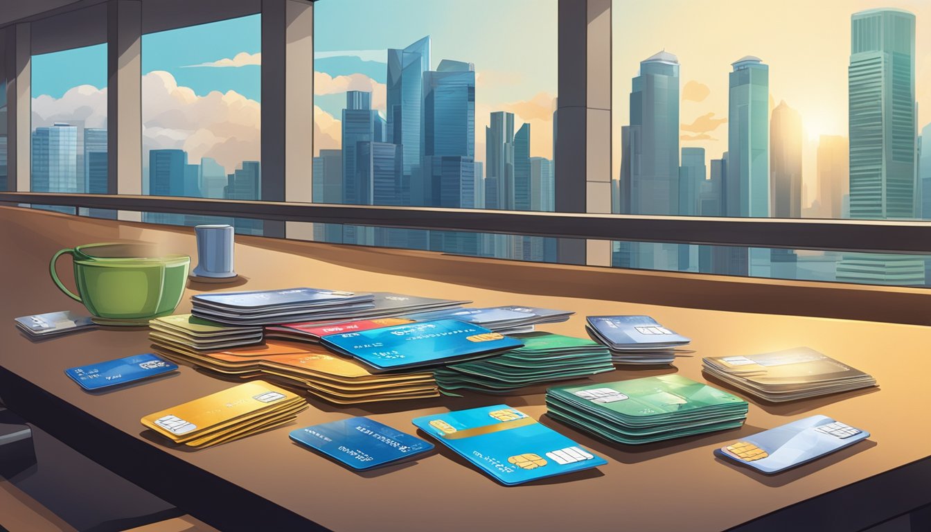 A table with various credit cards spread out, Singapore skyline in the background