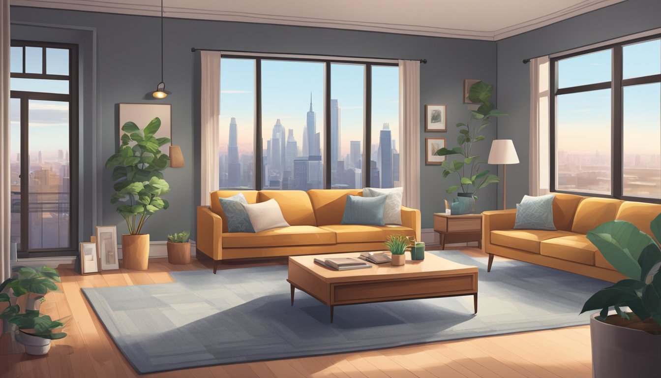 A cozy living room with a modern sofa, a coffee table, and a large window overlooking a city skyline. A family photo hangs on the wall, and a fire extinguisher is visible in the corner