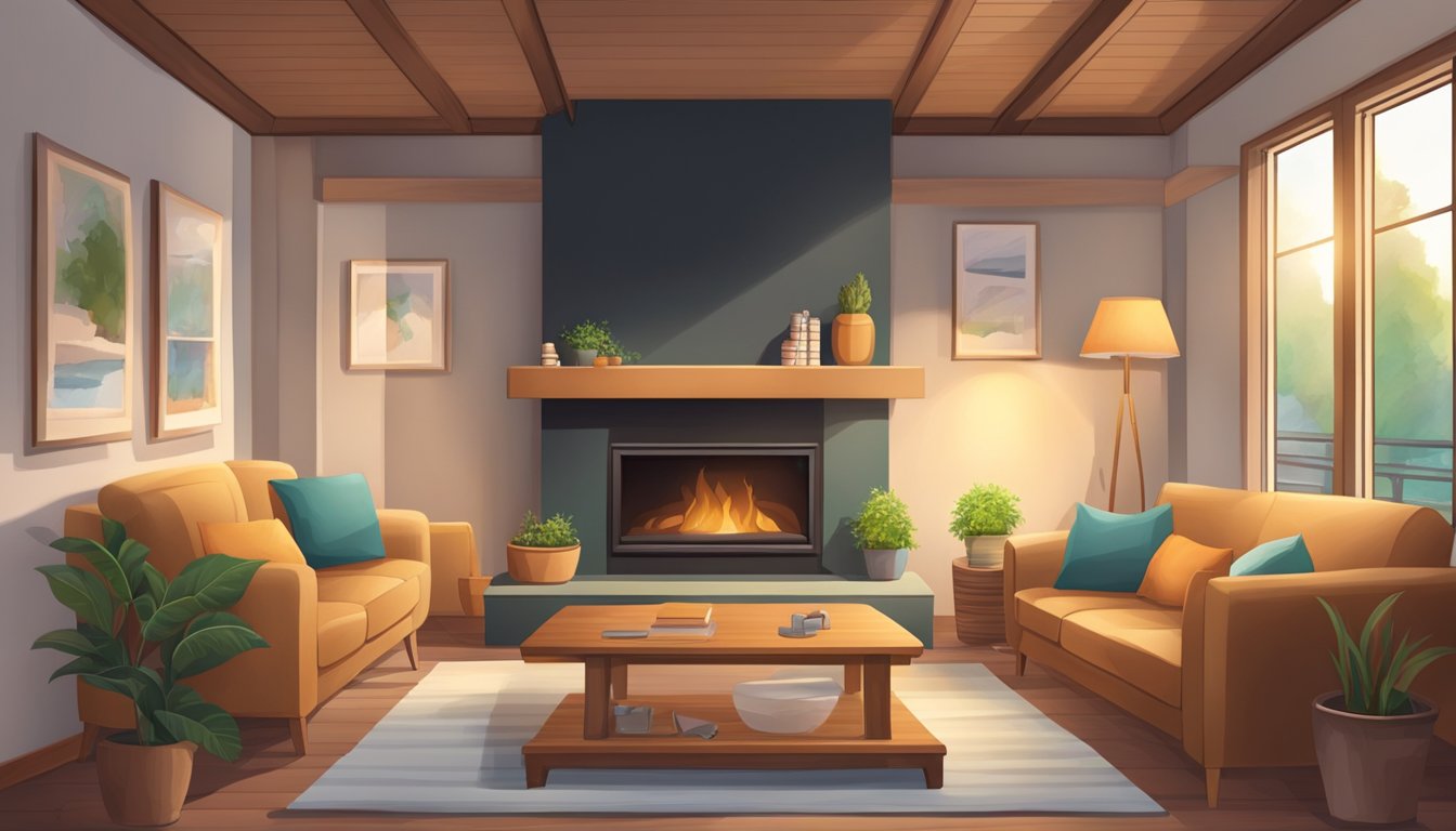 A cozy living room with a crackling fireplace, a sturdy front door with a high-quality lock, and a well-maintained roof with no visible damage