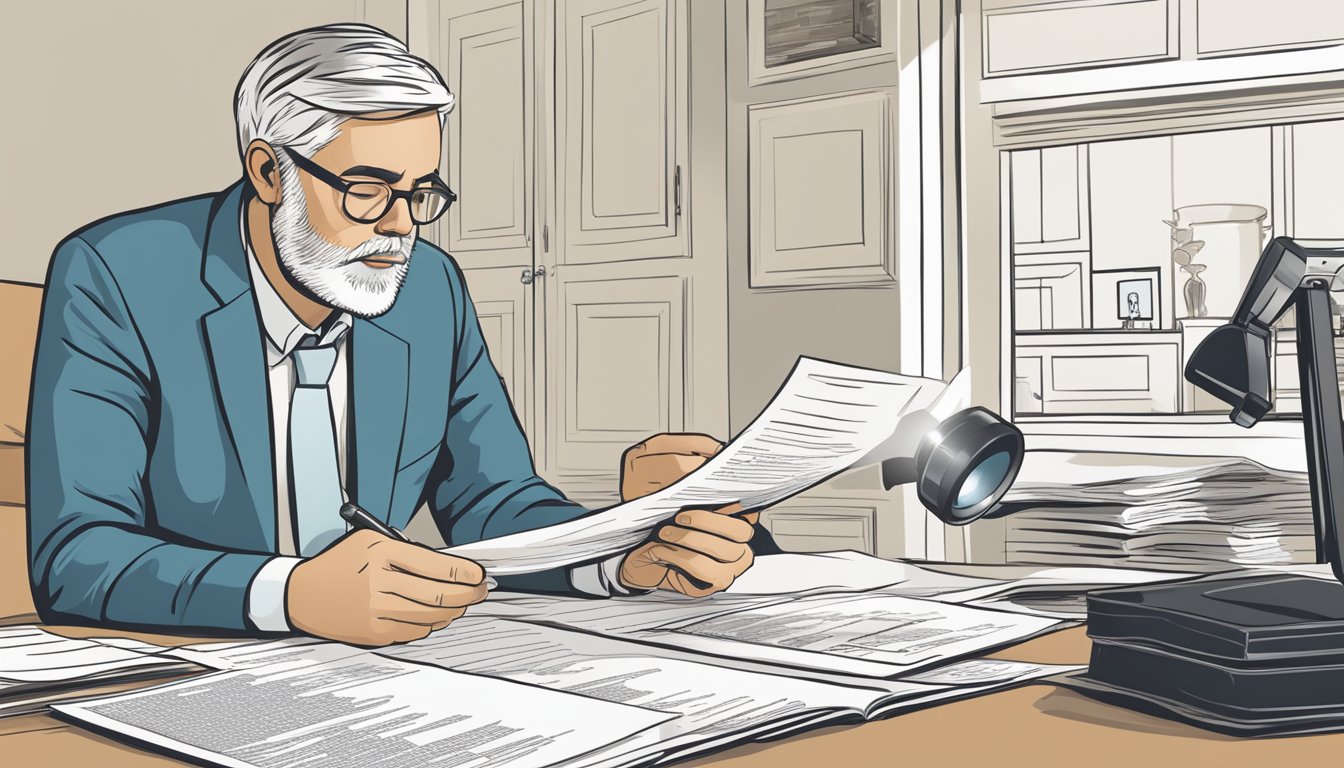 A homeowner reading a policy document with a magnifying glass, surrounded by a list of exclusions and limits