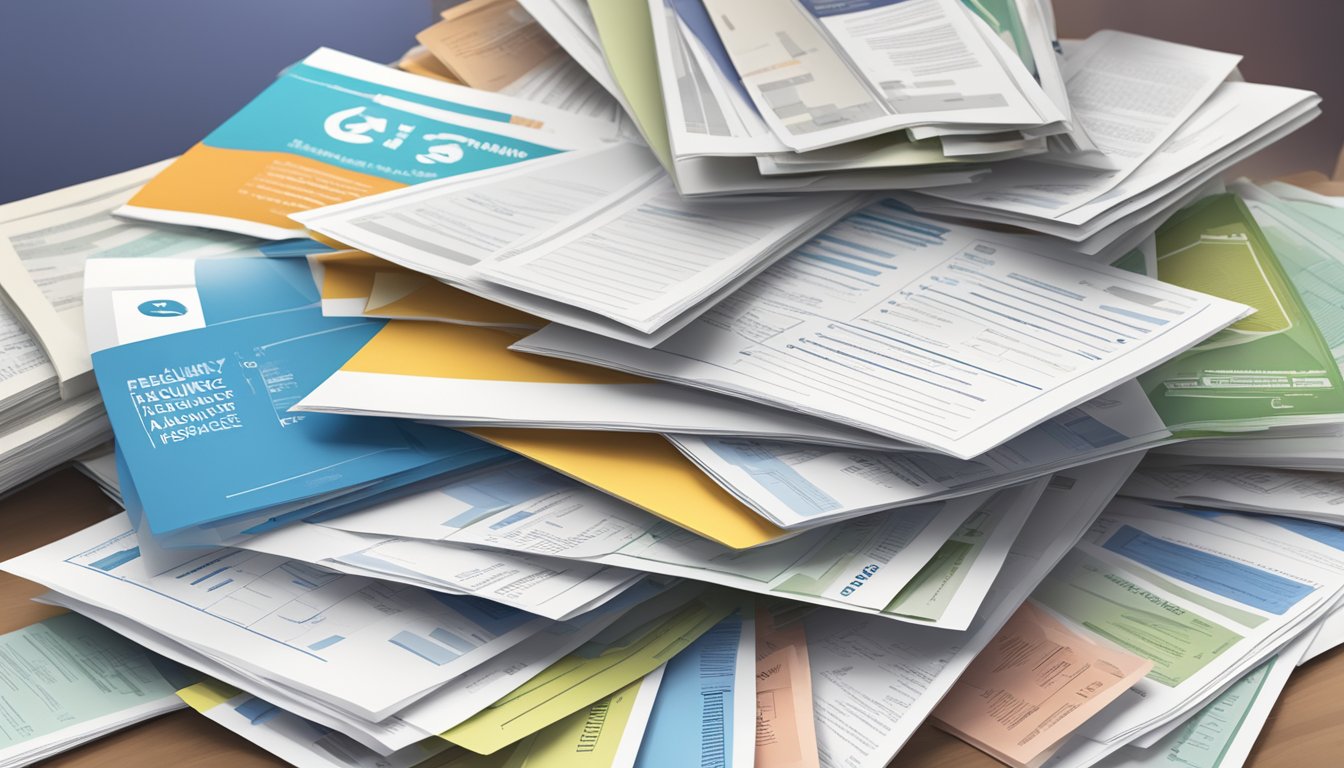 A stack of papers with "Frequently Asked Questions" on top, surrounded by various home insurance brochures and pamphlets