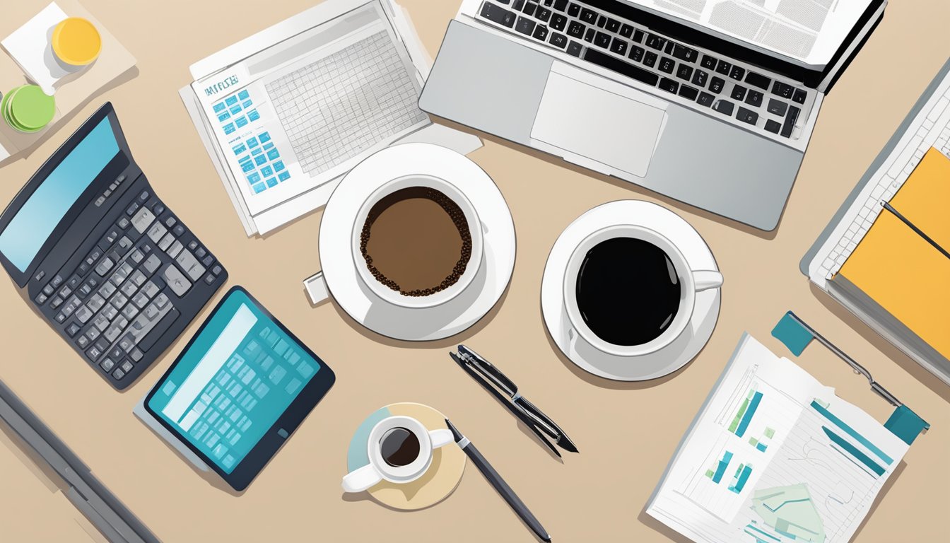 A table with a laptop, pen, and paper showing different home loan rates in Singapore. A calculator and a cup of coffee sit nearby