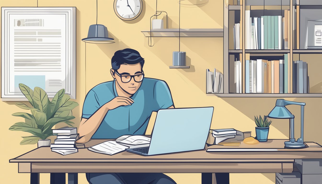 A person sits at a desk, reading a document titled "Understanding Home Loan Basics in Singapore" while comparing home loan rates on a laptop