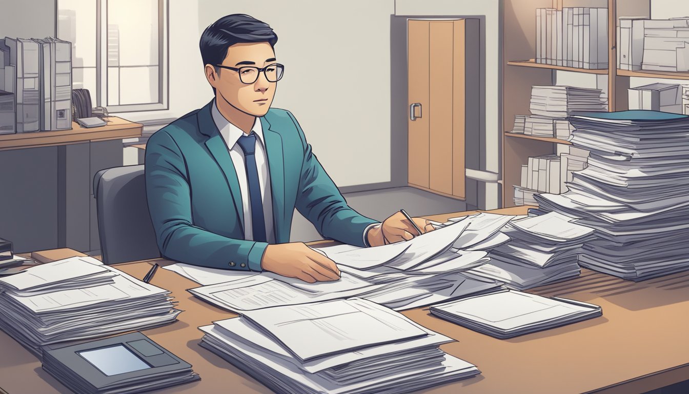 A person sitting at a desk, surrounded by paperwork and a calculator. On the desk are documents related to home loan rates in Singapore, with a focused and determined expression on their face