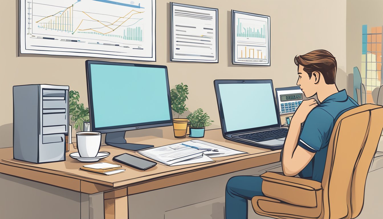 A person sitting at a desk with a laptop, paperwork, and a calculator. A cup of coffee and a pen are nearby. A chart of home loan rates is displayed on the computer screen