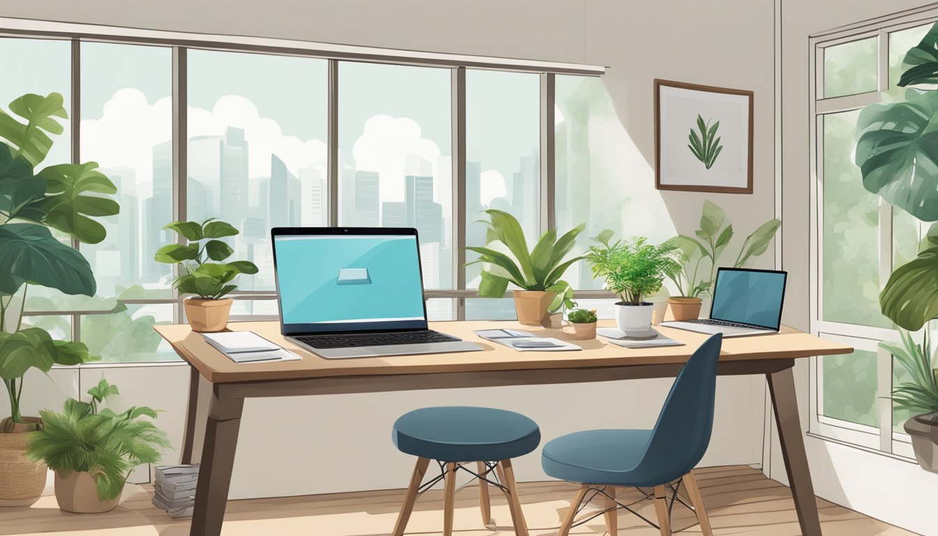 A table with a laptop, calculator, and documents. A chart showing home loan rates in Singapore. A cozy home setting with plants and natural light