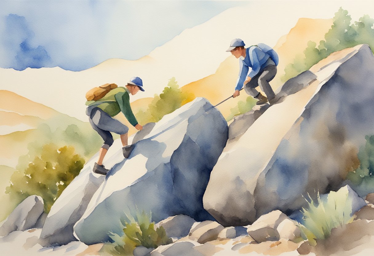 A person pushing a heavy boulder uphill, while another person uses a lever to easily lift a smaller boulder