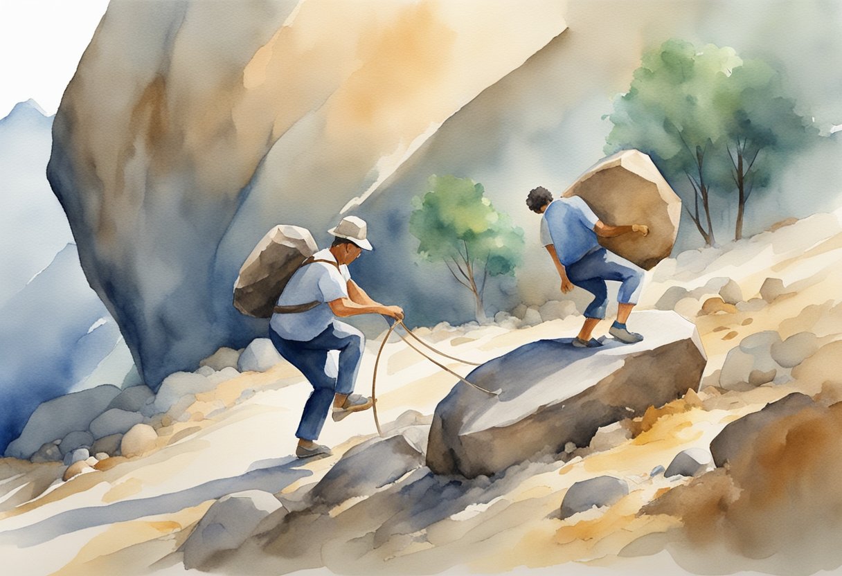 A person sweating while pushing a heavy rock uphill (hard work) next to someone using a lever to effortlessly move the same rock (smart work)