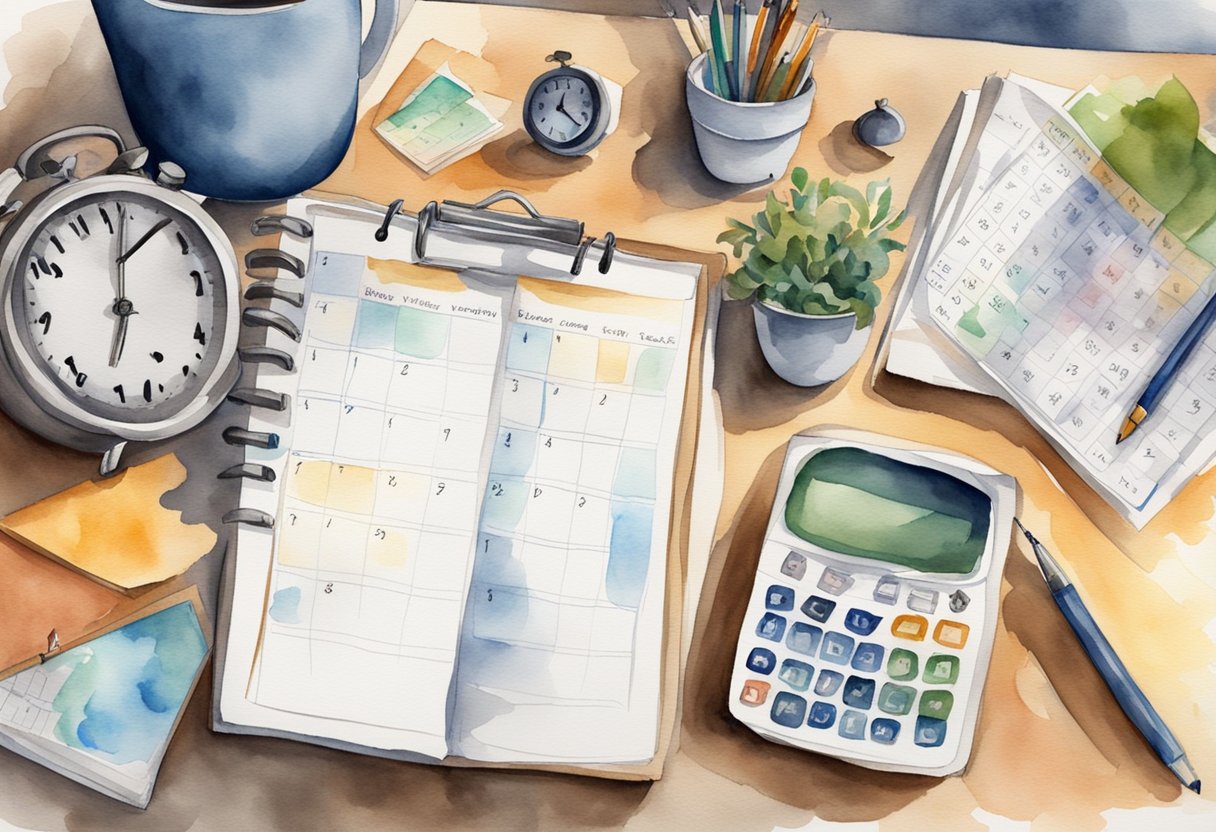 A cluttered desk with a calendar, clock, and to-do list. A person is working diligently, prioritizing tasks and using time wisely