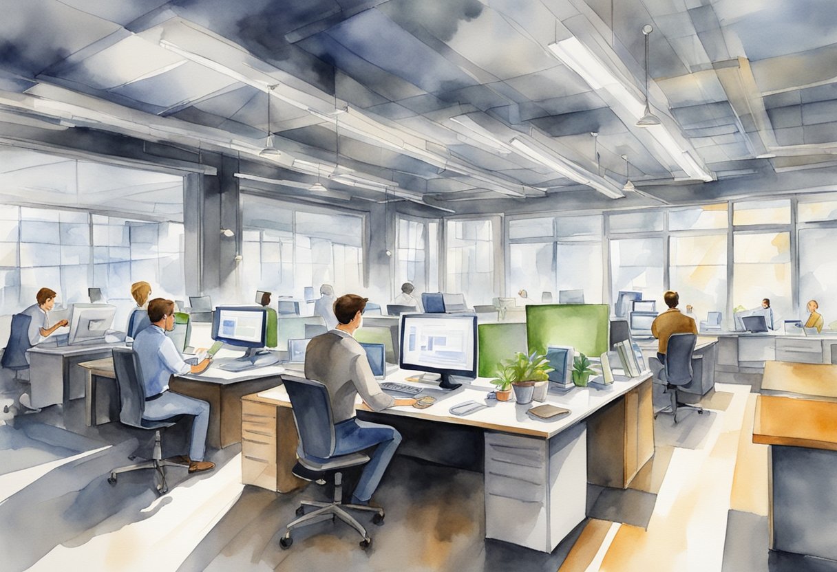 A bustling office space with modern technology and innovative tools. A contrast between traditional hard work and efficient smart work evident in the environment