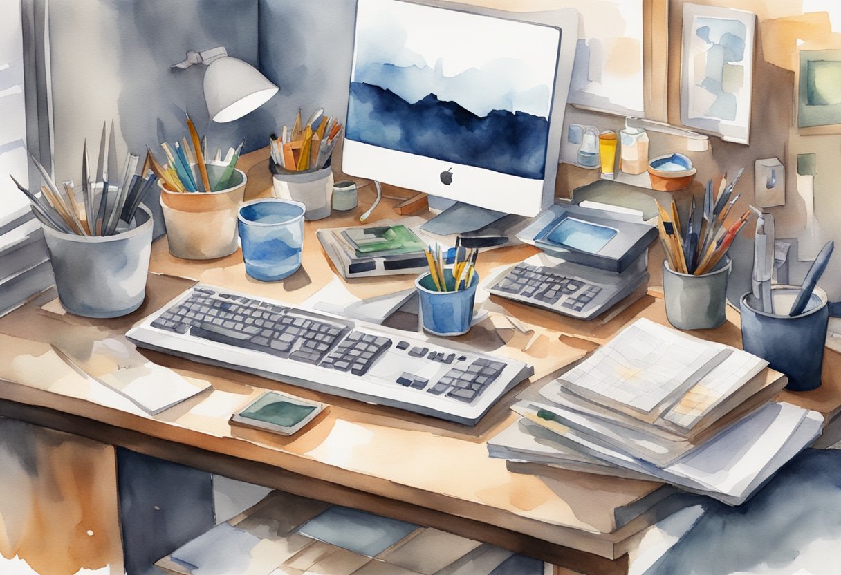 A cluttered desk with a mix of traditional and digital tools, surrounded by a chaotic yet organized workspace, representing the juxtaposition of hard work and smart work