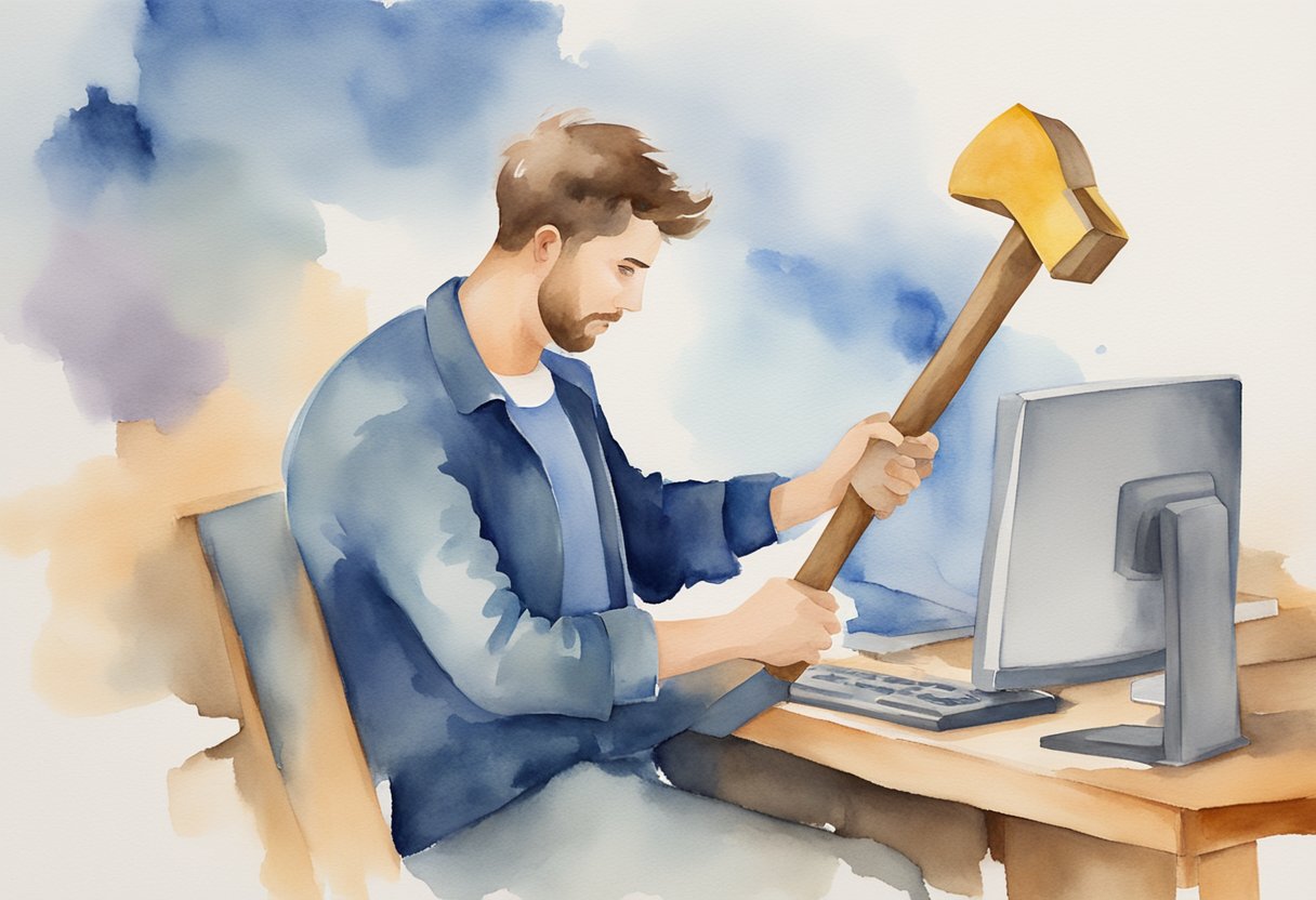 A person holding a hammer and a computer, representing the contrast between hard work and smart work