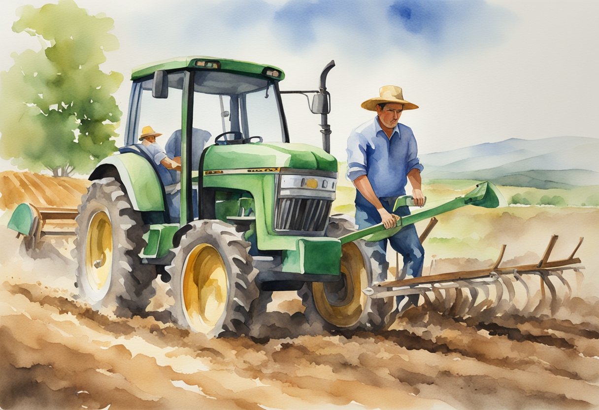 A farmer tilling the soil with a traditional plow while another farmer uses a modern tractor