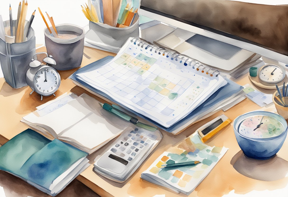 A cluttered desk with a calendar, to-do list, and a clock. On one side, a person is working hard with a pile of papers. On the other side, a person is working smart with a laptop and organized workspace