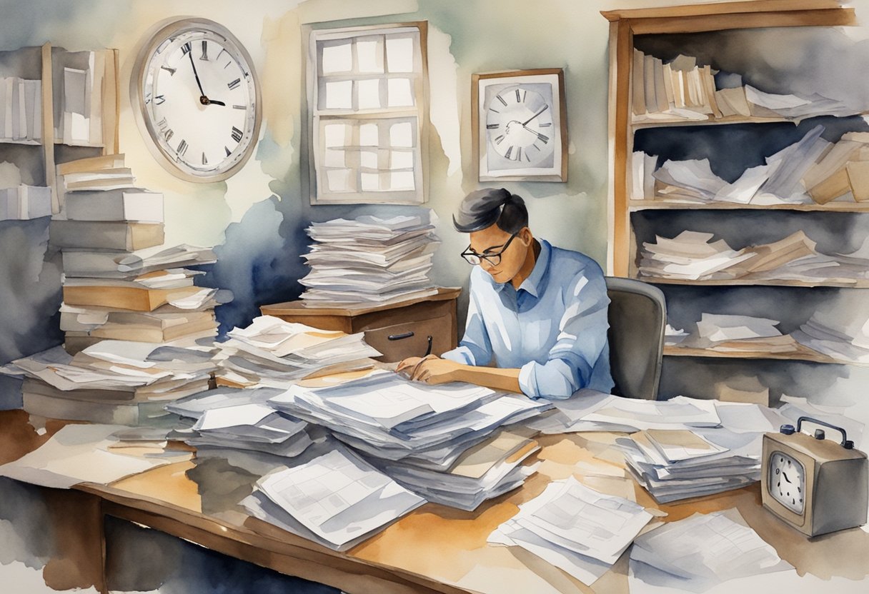 A cluttered desk with piles of papers, a clock ticking, and a person looking overwhelmed