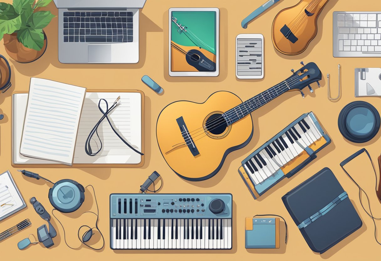 A variety of musical instruments are laid out on a table, including a guitar, keyboard, and violin. A laptop with online music lesson software is open and ready to go