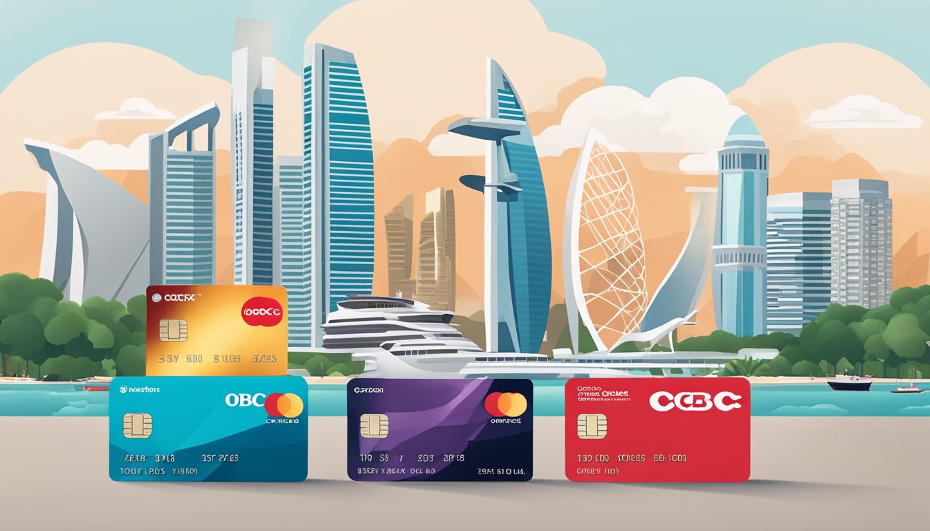 A row of OCBC credit cards displayed against a backdrop of iconic Singapore landmarks, showcasing the variety of options available