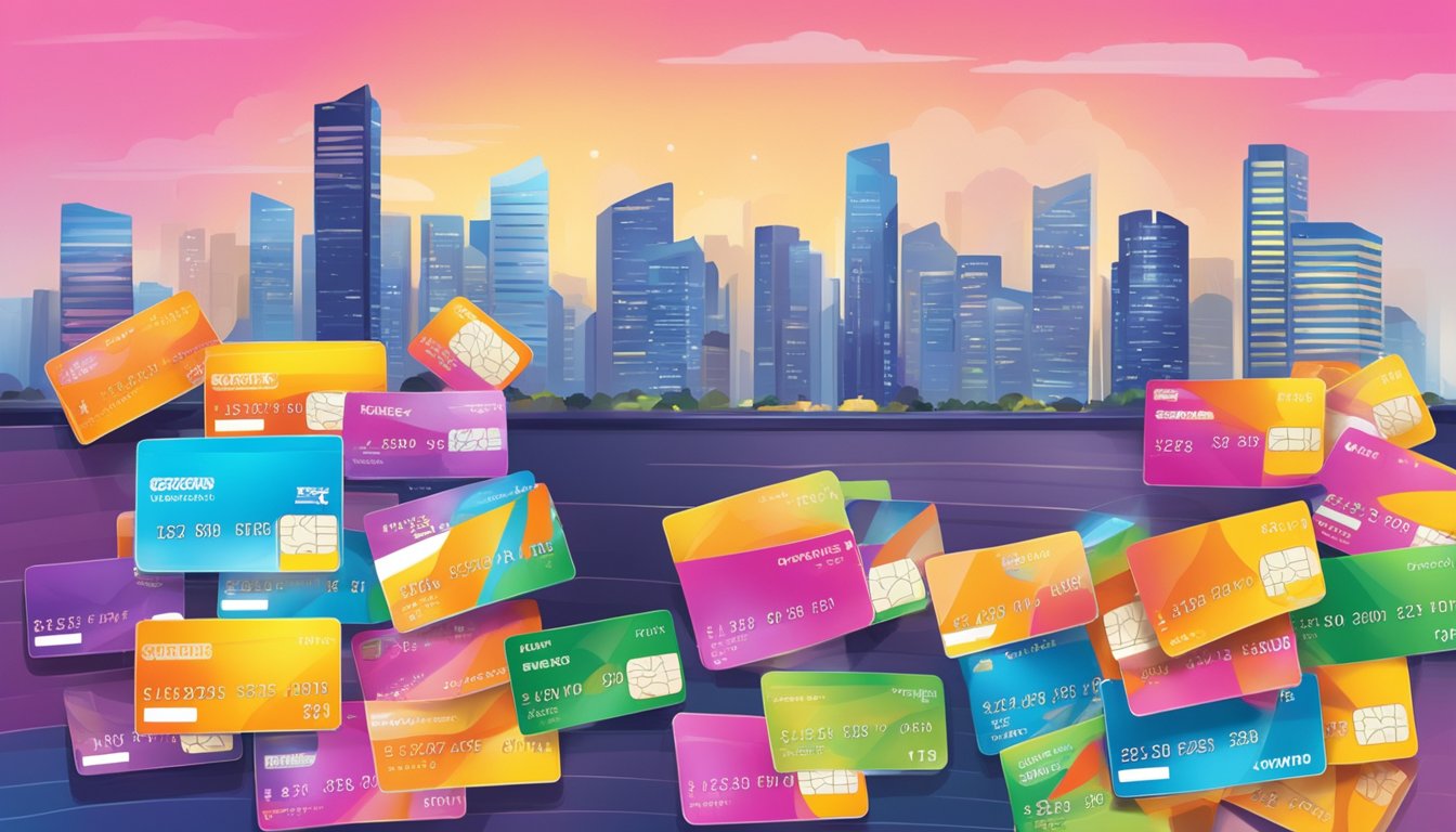 A vibrant display of credit cards with "Rewards" and "Cashback Offers" prominently featured, set against a modern Singaporean backdrop