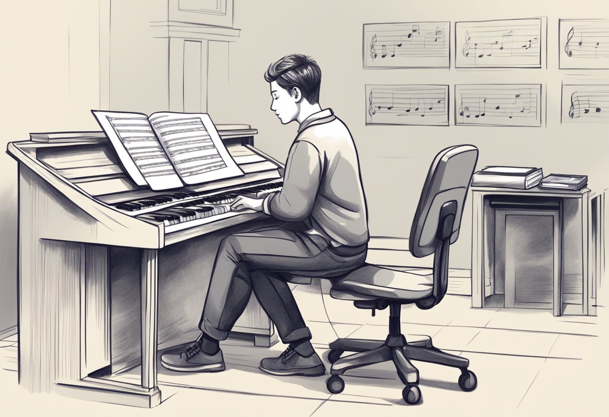 A student sits at a computer, selecting a music teacher online. A keyboard and sheet music are nearby, ready for the first lesson