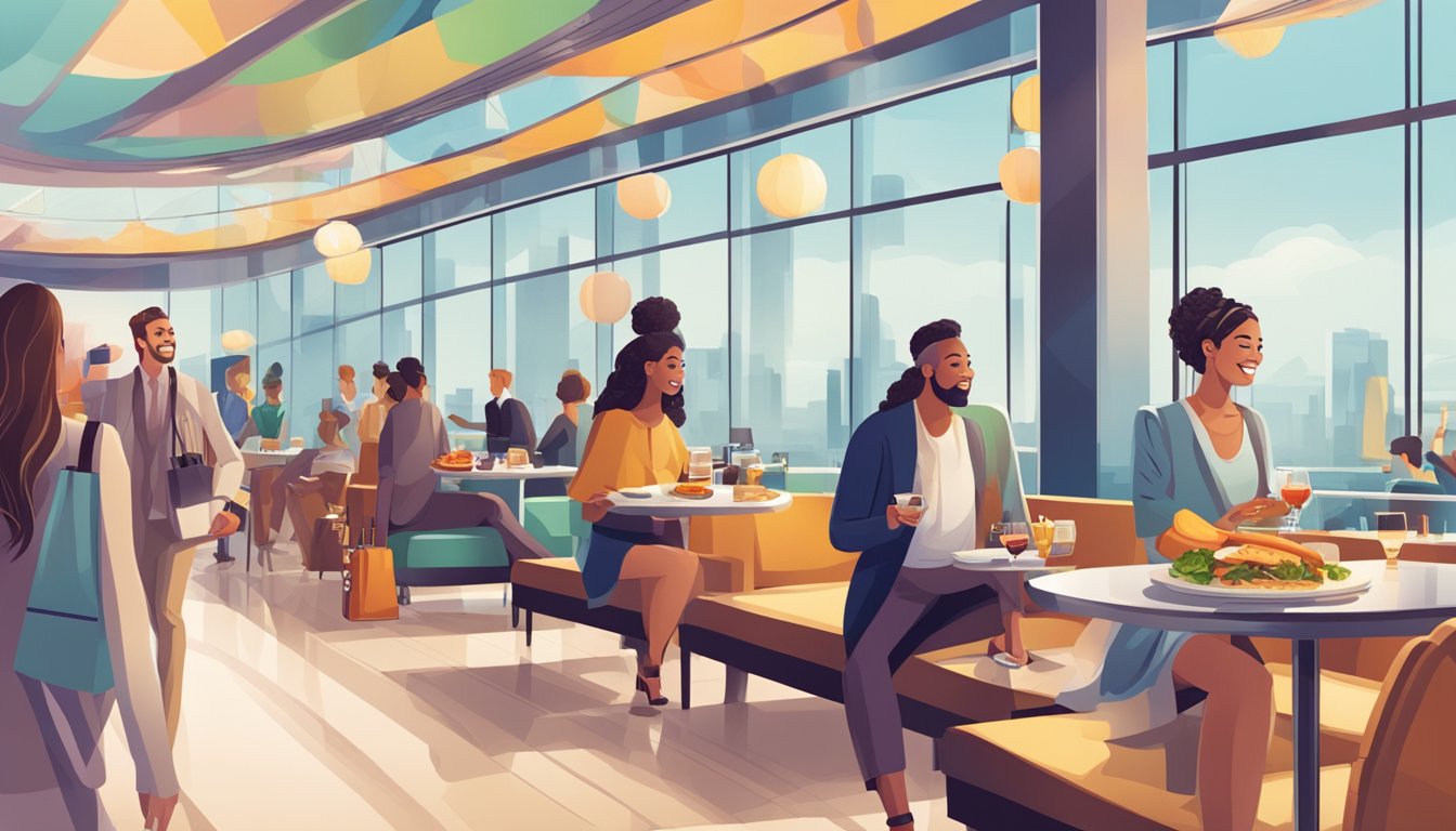 Various people enjoying exclusive perks: a traveler using airport lounge access, a foodie dining with discounts, and a fashionista shopping with rewards